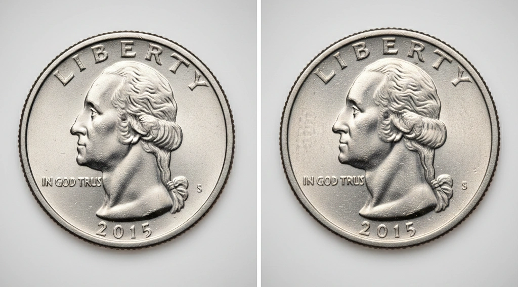 Split screen: normal 2015 quarter vs error coin