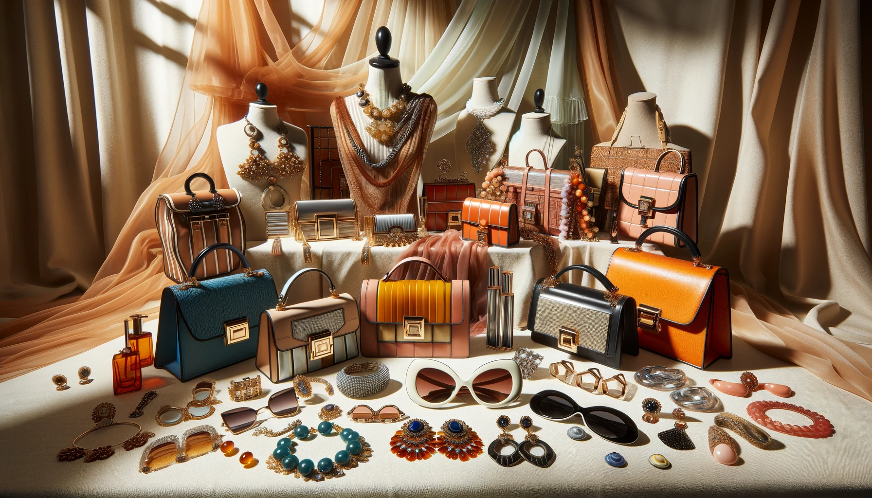 statement bags in bold colors and unique shapes, bold jewelry including oversized earrings and chunky necklaces, and trendy oversized sunglasses.