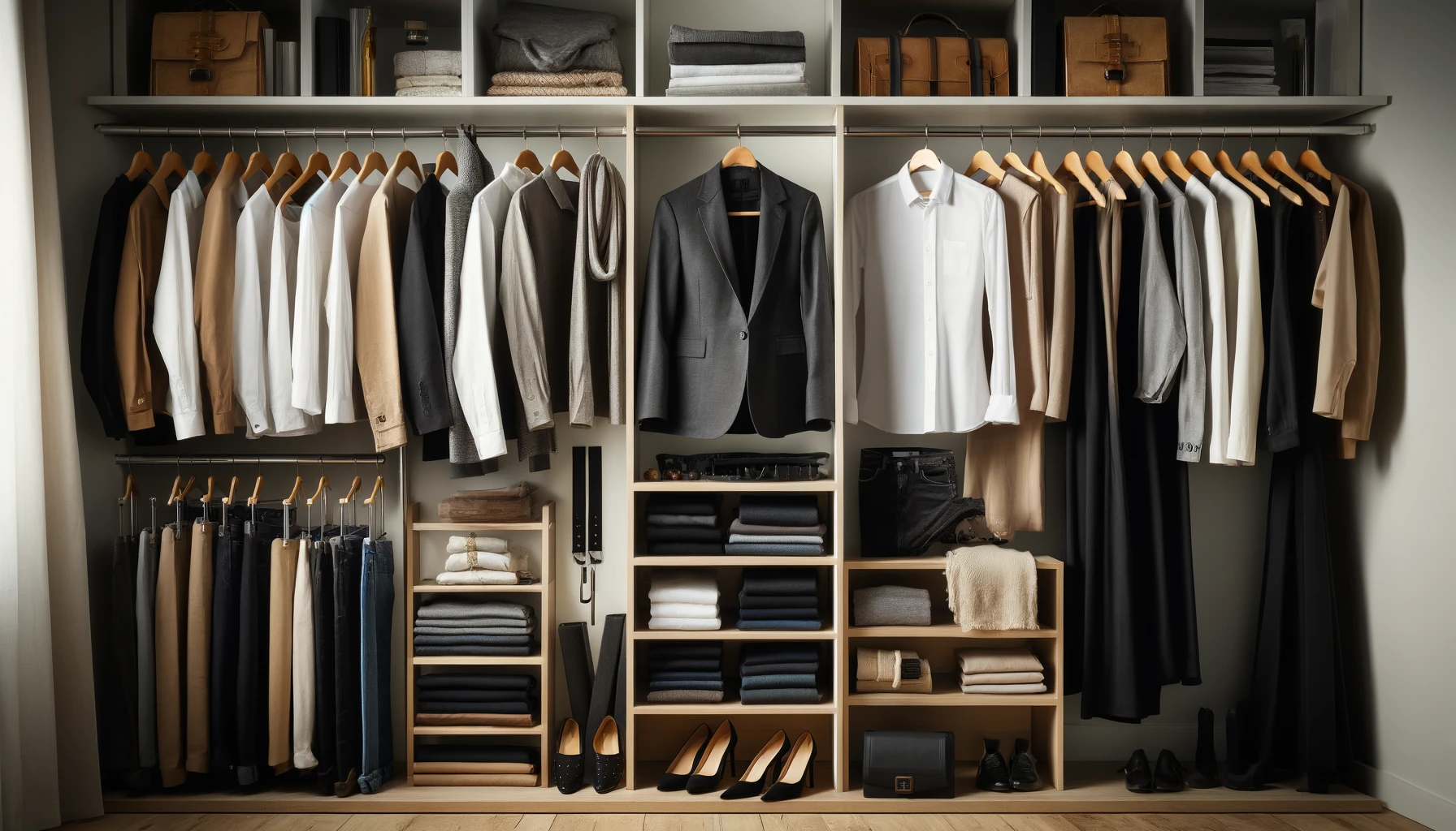 A well-organized capsule wardrobe featuring high-quality, timeless pieces.