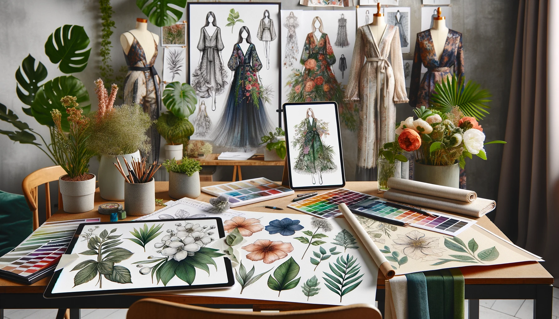 A fashion studio with sketches and fabric swatches inspired by botanical elements.