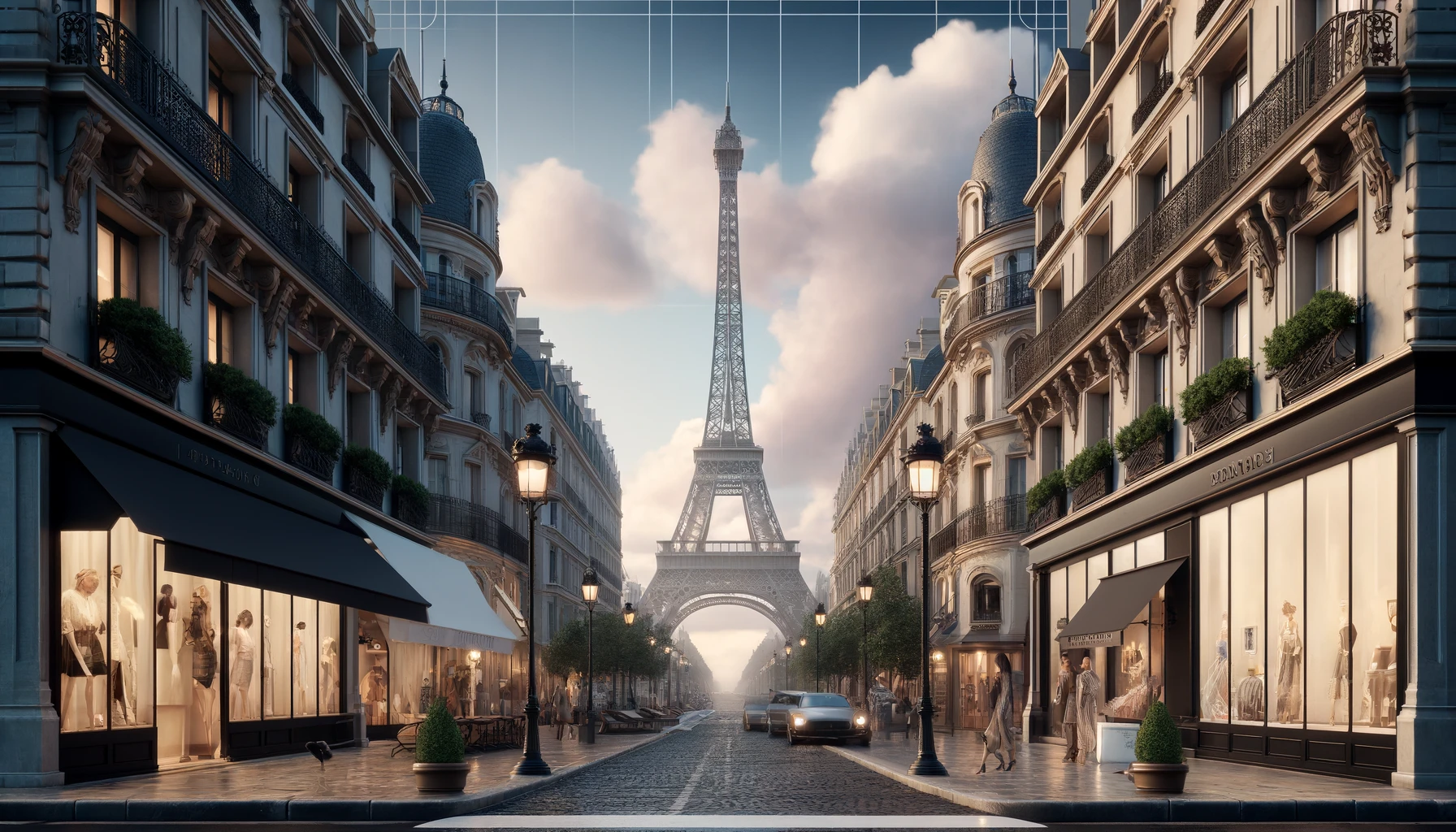 iconic Parisian architecture like the Eiffel Tower, with elements that symbolize the city's role in haute couture, such as fashion boutiques and elegant street lamps.