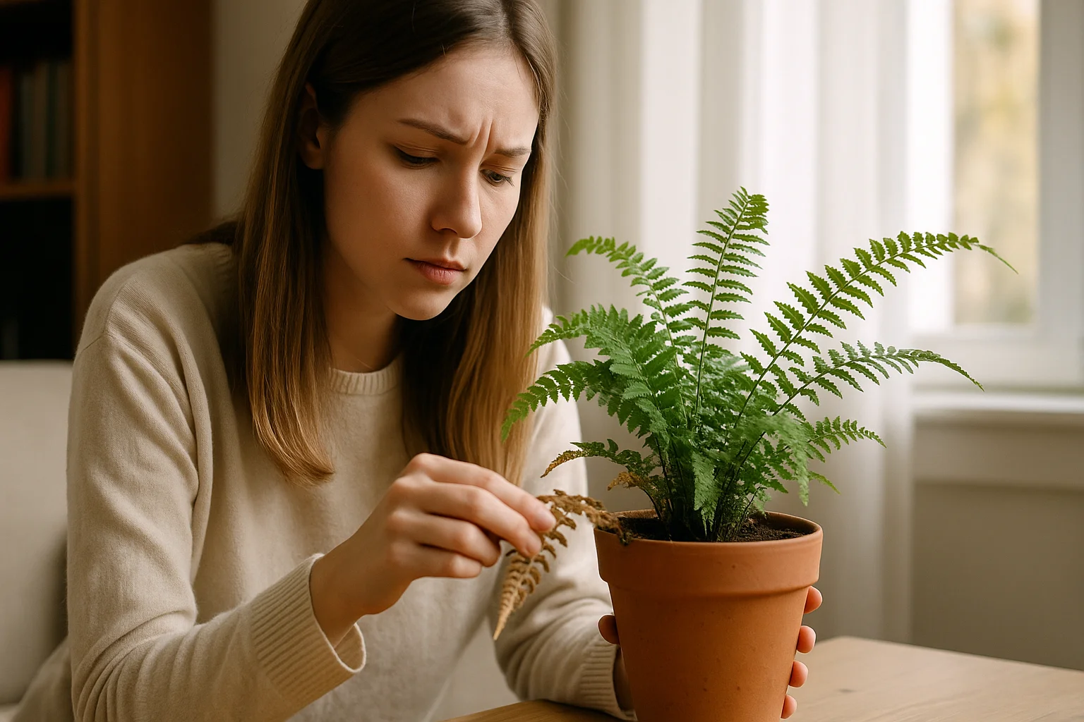 A young woman examines the yellowing leaves of a houseplant closely, trying to figure out the cause.