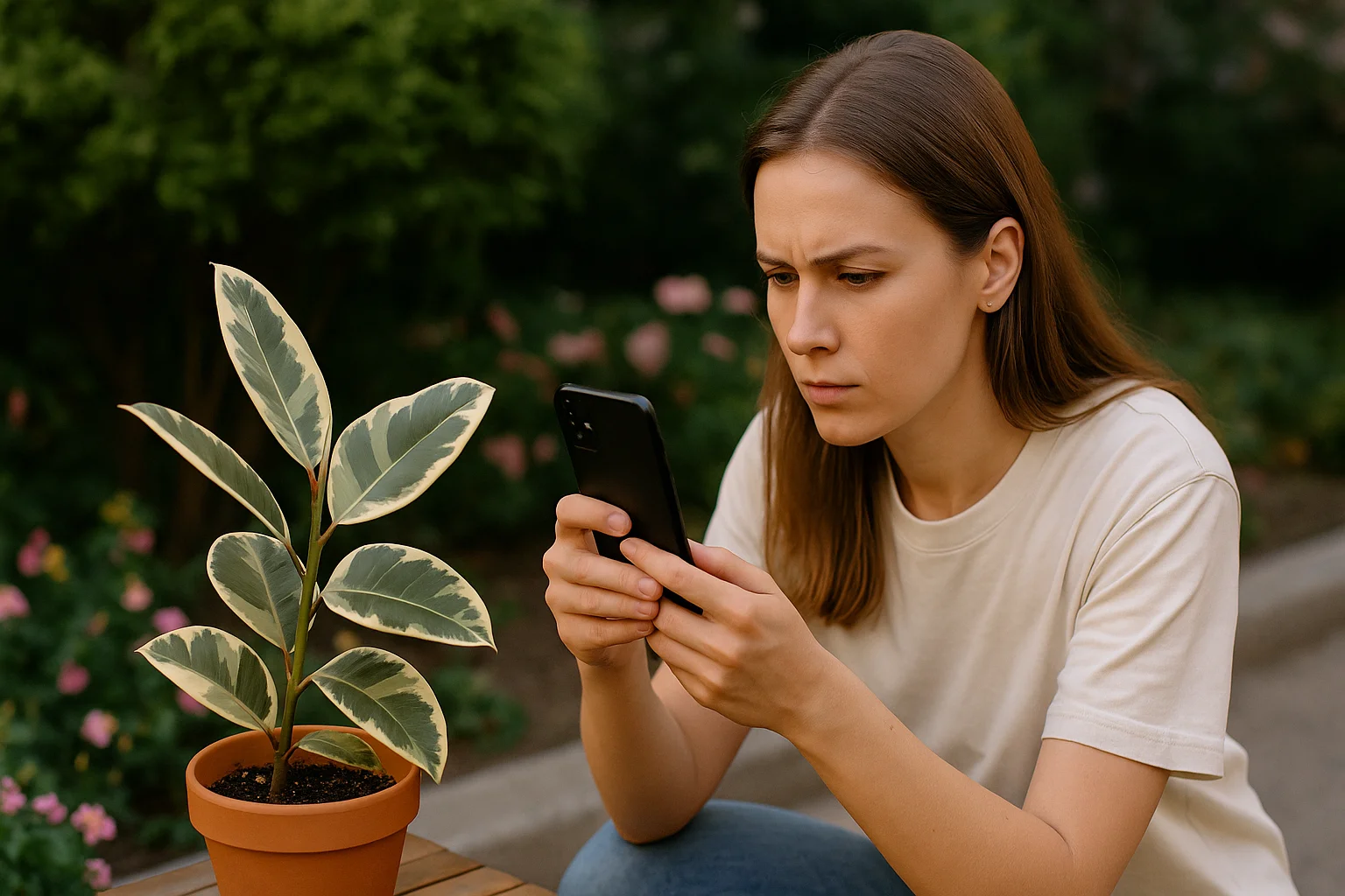 The girl takes a picture of the plant she just bought to find out how to care for it properly.