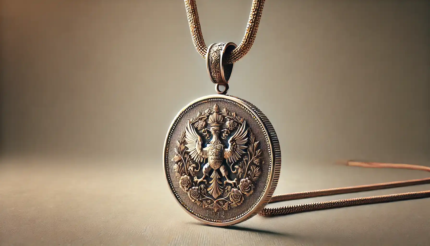 A high-relief coin transformed into a stylish pendant hanging on a thin chain.