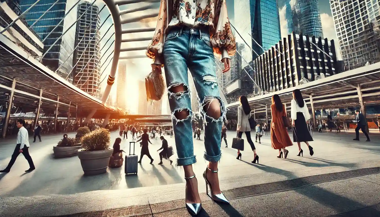 a person mixing casual and dressy elements. The image shows a stylish individual in a silk blouse paired with distressed jeans and elegant heels, walking through a bustling city plaza.