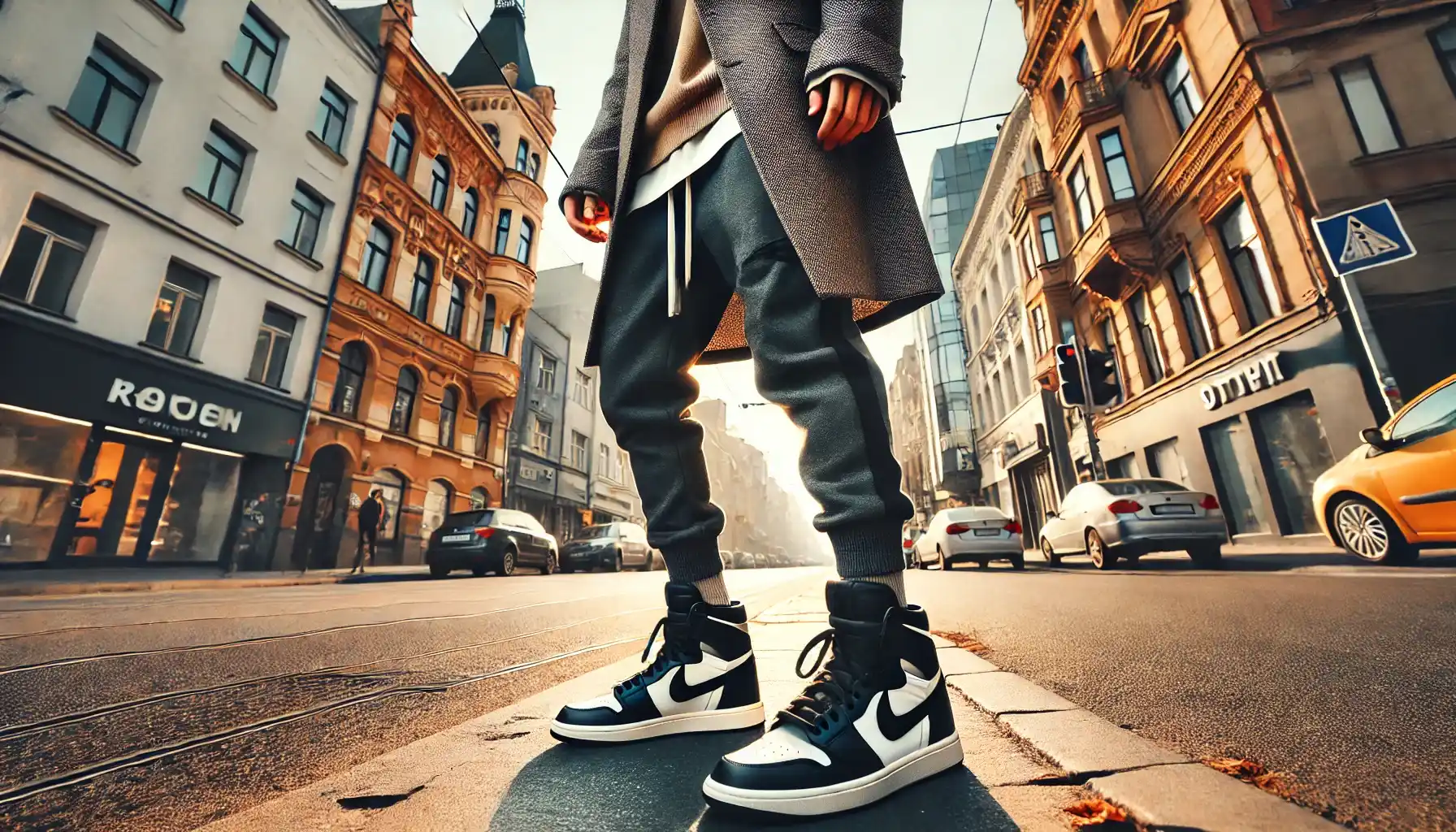 a person layering an oversized blazer over casual joggers, paired with sleek high-top sneakers. 