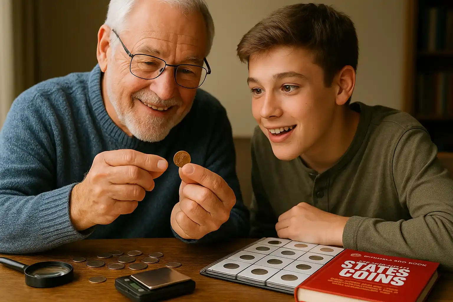 An experienced collector explains some facts about a rare wheat penny to his grandson.