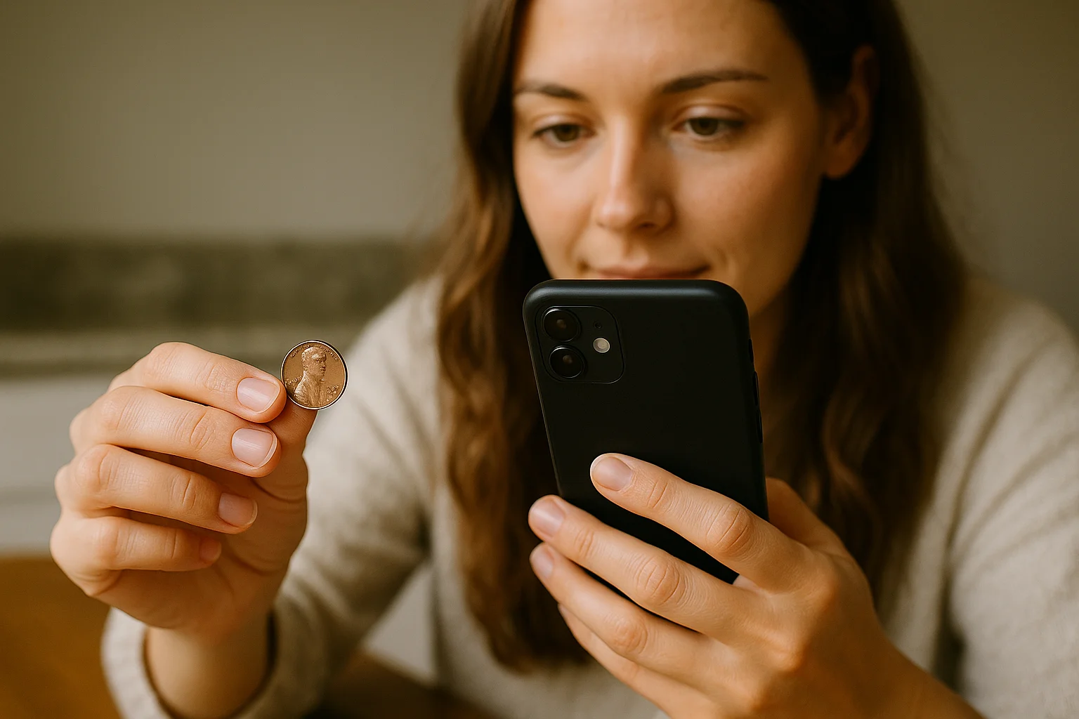 A young woman uses her smartphone to know the historical background of the coin and document its data in her digital collection in the app.