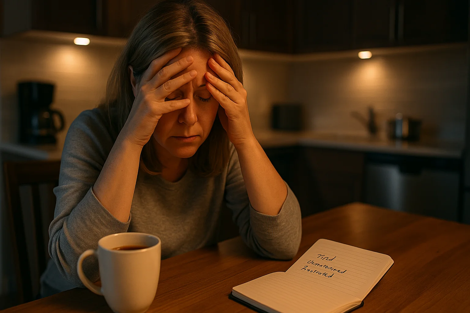 An exhausted woman sits at her kitchen table in the evening, head in hands, beside a planner with only three handwritten words.